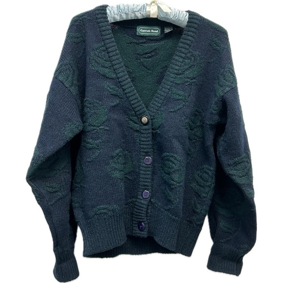 Carroll Reed Women’s 100% Shetland Wool Rose Pattern Button V-Neck Sweater Sz L - Picture 1 of 7